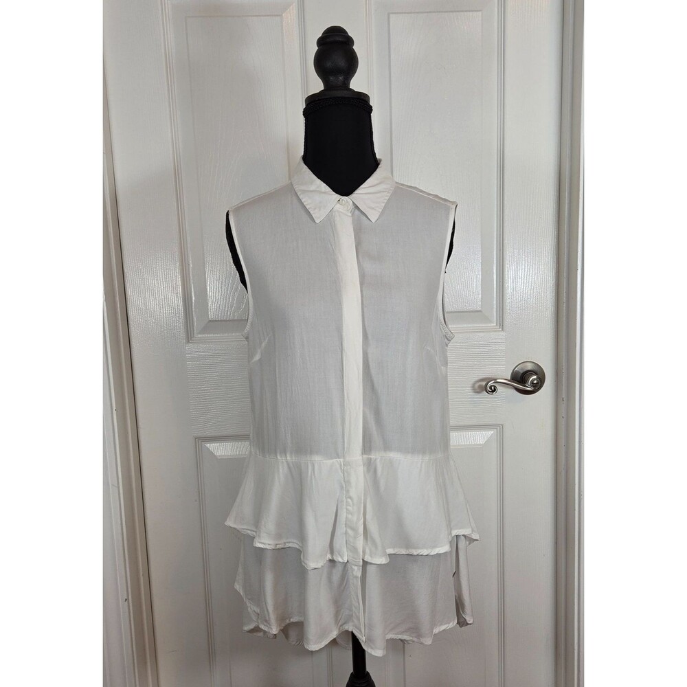 Coupe Selections Womens MEDIUM White Collared Tiered Ruffle Hi-Lo Shirt